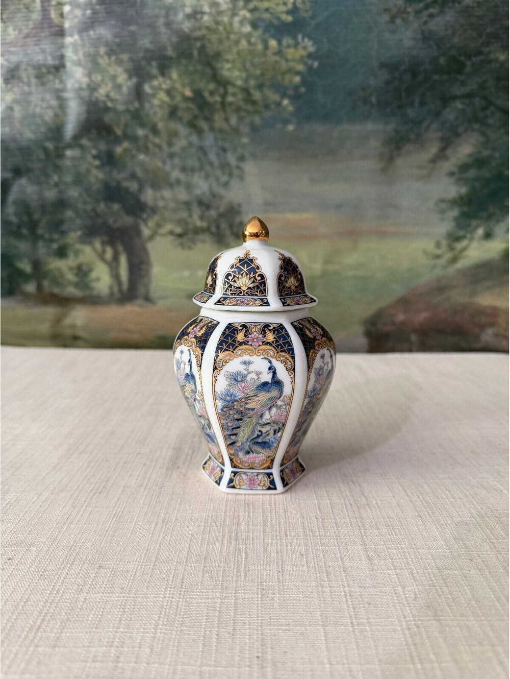 Vintage Porcelain Lidded Ginger Jar Blue White and Gold
